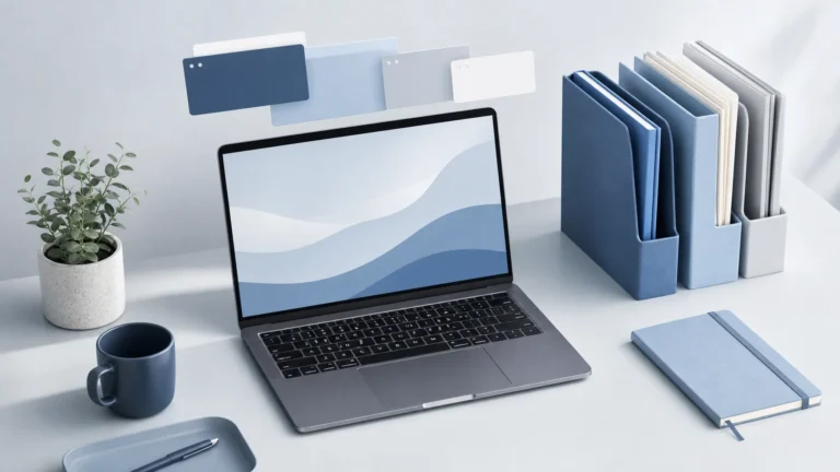 Ilustração editorial sobre computador organizado para trabalho