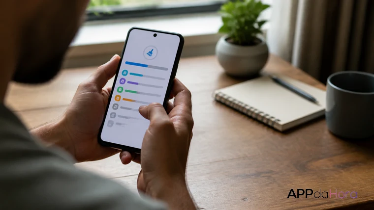 Pessoa revisando o armazenamento do celular para limpar downloads e arquivos temporários com segurança