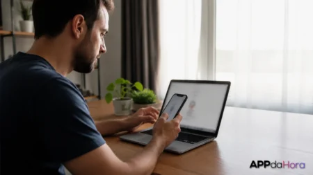 Pessoa usando celular e computador para acessar conta com mais segurança
