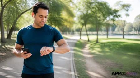 Pessoa acompanhando atividade leve no celular durante caminhada ao ar livre