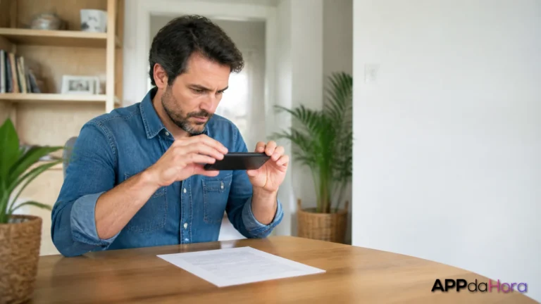 Como digitalizar documentos pelo celular com mais organização Pessoa digitalizando documento genérico com celular sobre mesa organizada