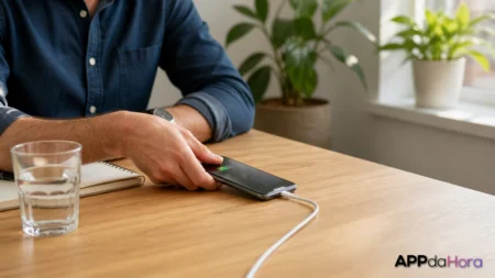 Celular sendo carregado em mesa de trabalho doméstica