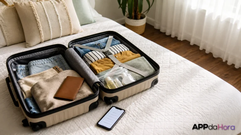 Como montar uma lista de viagem no celular e não esquecer o essencial Mala aberta com itens de viagem e celular mostrando lista genérica