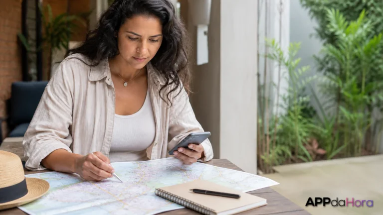Como montar um roteiro de viagem simples usando mapas no celular Cena editorial sobre um roteiro de viagem usando mapas