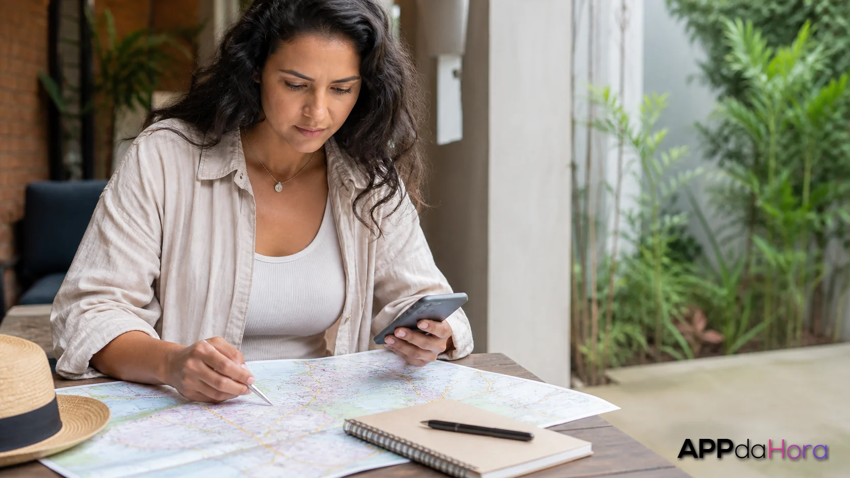 Cena editorial sobre um roteiro de viagem usando mapas