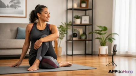 Cena editorial sobre uma rotina curta de exercícios em casa