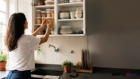 Pessoa organizando armários de uma cozinha pequena com itens do dia a dia