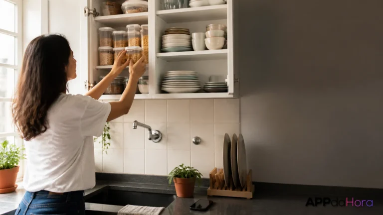 Pessoa organizando armários de uma cozinha pequena com itens do dia a dia