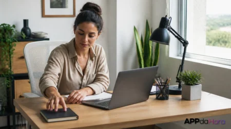 Cena editorial sobre uma mesa de trabalho em casa