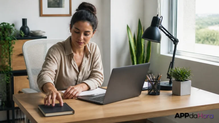 Cena editorial sobre uma mesa de trabalho em casa