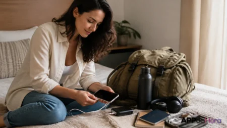 Cena editorial sobre a preparação do celular para uma viagem longa