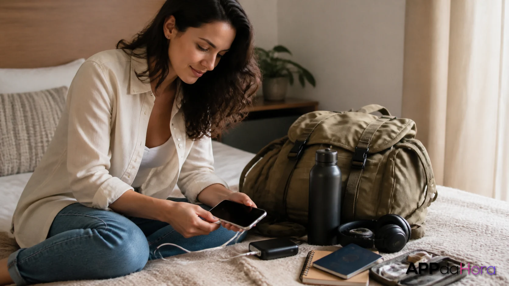Cena editorial sobre a preparação do celular para uma viagem longa