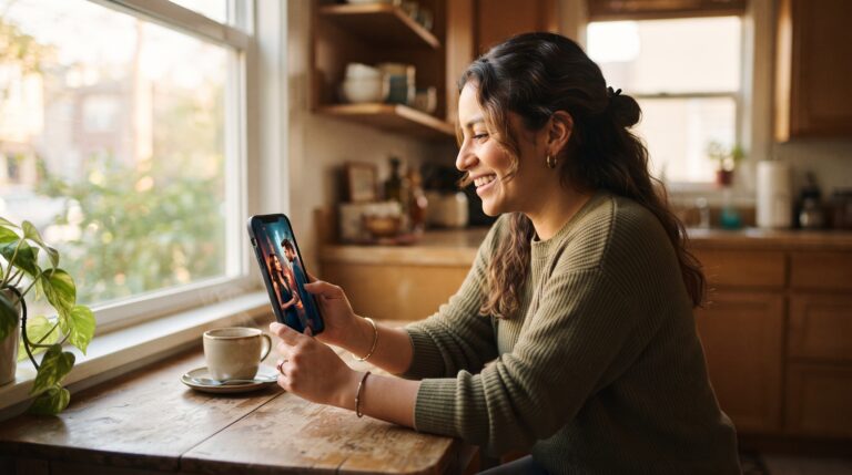 Mujer sonriendo con una taza de café viendo una novela corta en el celular por la mañana