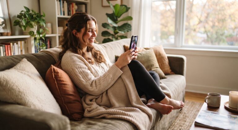 Woman relaxing on a sofa at home watching a vertical short drama on her smartphone