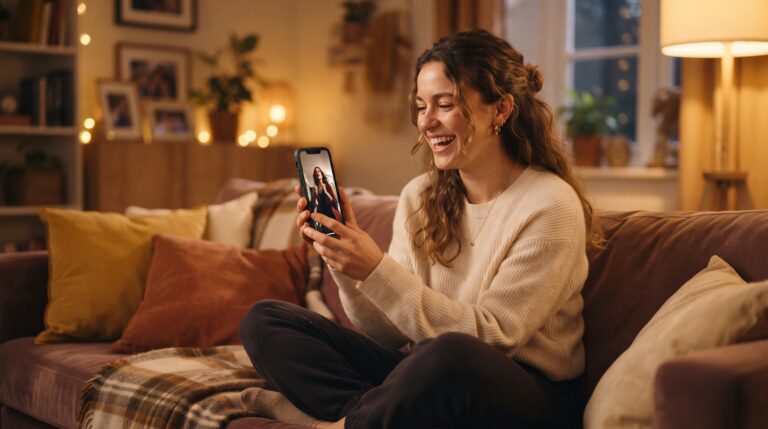 Woman smiling on her couch at home in the evening, watching a vertical short drama on her phone