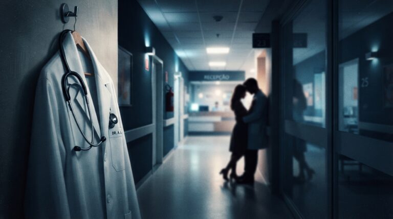 Arte cinematográfica de corredor de hospital com jaleco, ilustrando a novela curta O Doutor Que Marcou Meu Destino