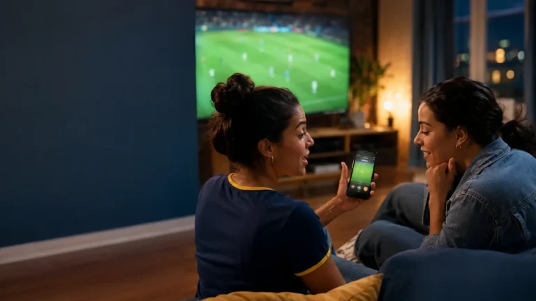 Duas pessoas comparando aplicativos para acompanhar futebol no celular