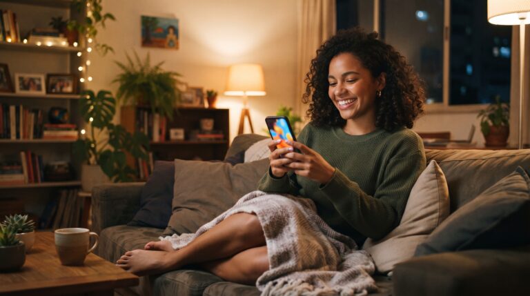 Mulher explorando aplicativos de vídeo no celular perto da janela