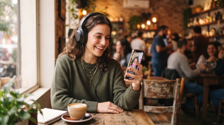 Mulher usando fones de ouvido assistindo novela curta dublada no celular