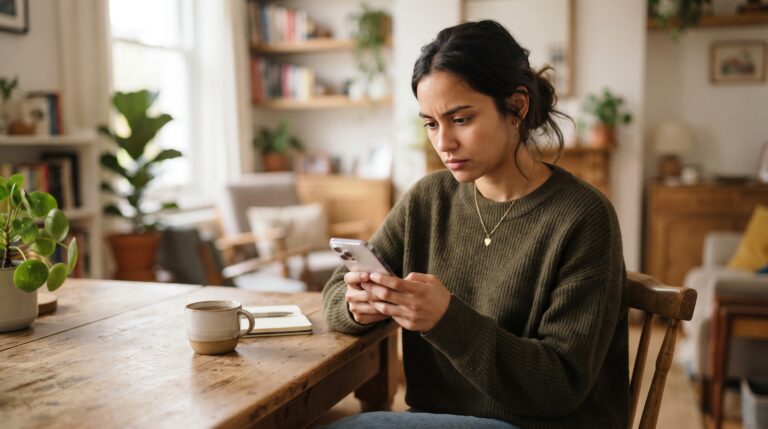 Pessoa observando com atenção a tela do celular, cuidado ao usar apps