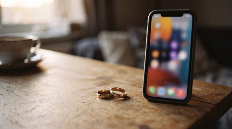 Alianças de casamento ao lado do celular, tema de casamento por conveniência