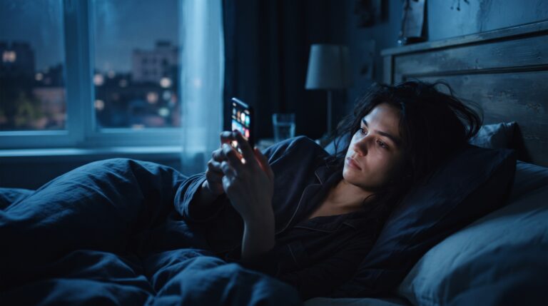 Jovem assistindo celular à noite em quarto com luz azulada, clima sobrenatural
