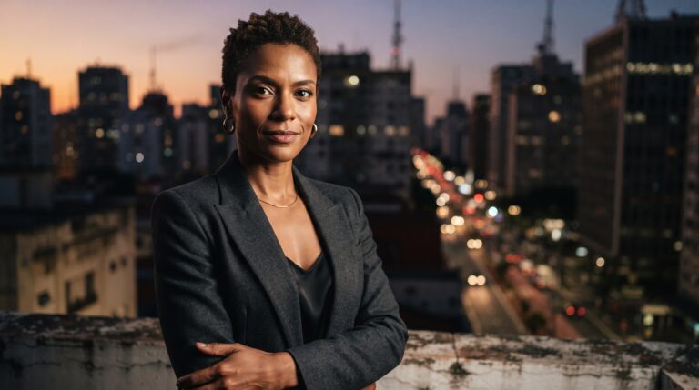 Mulher confiante em cena urbana dramática, representando o tema de vingança nas novelas curtas