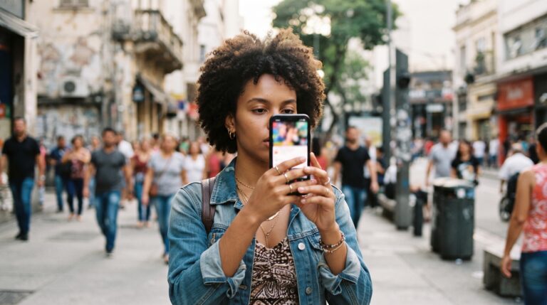 Jovem gravando conteúdo vertical no celular em ambiente urbano