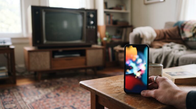 Televisão antiga ao fundo e celular moderno em primeiro plano, contraste entre novela tradicional e novela curta