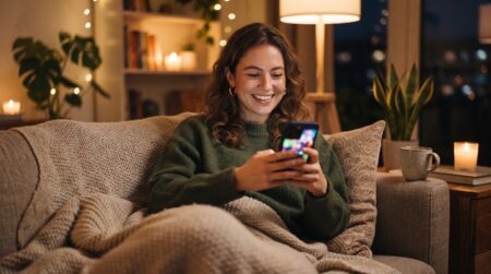 Pessoa relaxada assistindo novela curta no smartphone em casa